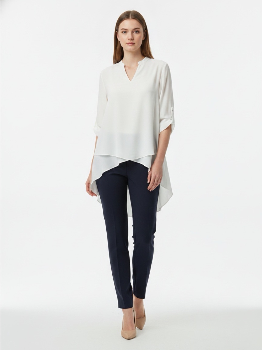 Alfani Cream V-Neck flowy high low Blouse , size 8. Stylish and elegant.